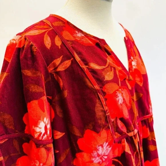 NWT SONOMA Women 3/4 Sleeve Pullover V-Neck Corduroy Cotton Floral Shirt Sz PXXL - Picture 4 of 14